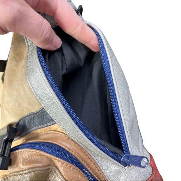 VTG 90's Gray Brown Cream Red Leather Mini Backpack with Zipper Straps - Picture 14 of 16